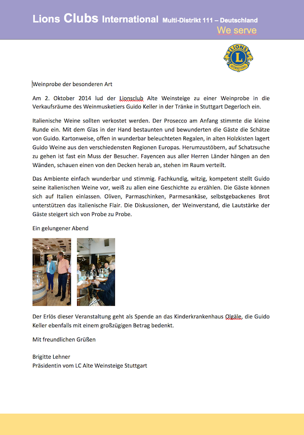 Lions Club International Brigitte Lehner über Wein-Musketier Stuttgart
