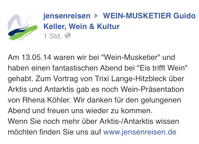Facebook-Feedback von Jensenreisen, Neuhausen zu Guido Keller, Ihr Weinhändler in Stuttgart