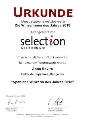 Anna Rovira, die Erste Önologin von Celler de Capçanes, ist beim SELECTIONS Wettbewerb, zu „Spaniens Winzerin des Jahres 2018“ gekürt worden.