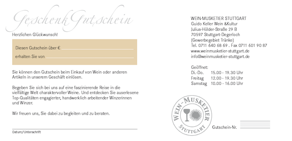 Geschenkgutschein für Wein, Weinproben, Weinseminare und Weingeschenke in Stuttgart beim Wein-Musketier 