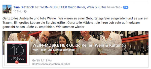 Tina Dieterich, Bewertung von Guido Keller, Wein-Musketier Stuttgart in Facebook