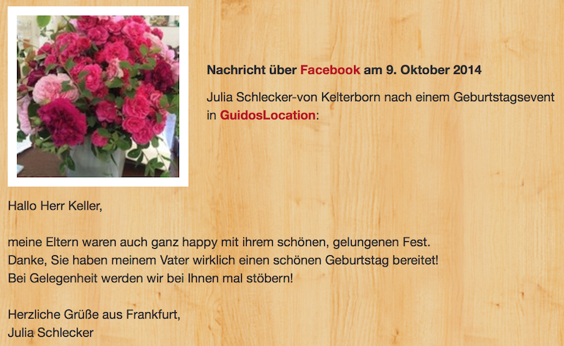 Kundenlob zu einer Geburtstagsfeier in GuidosLocation, der Partylocation in Stuttgart zum Mieten