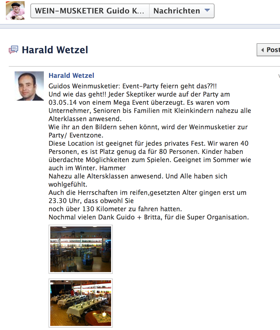 Testimonial von Harald Wetzel nach Vermietung unseres Weinladens für seine private Party in Stuttgart