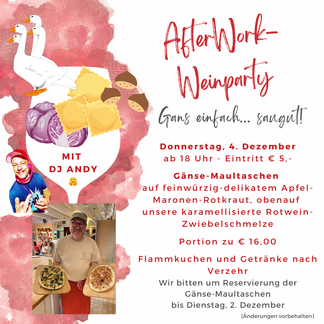 Gänsemaultaschen bei der Afterwork-Party in Stuttgart Degerloch, im Wein-Musketier, Ihrem Weinladen