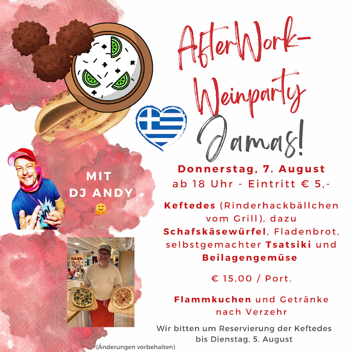 Griechische Speisen, Wein und Champagner bei der Afterwork-Party in Stuttgart Degerloch, im Weinladen Wein-Musketier