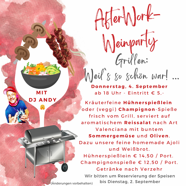 Grillgerichte, Wein und Champagner bei der Afterwork-Party in Stuttgart Degerloch, im Weinladen Wein-Musketier